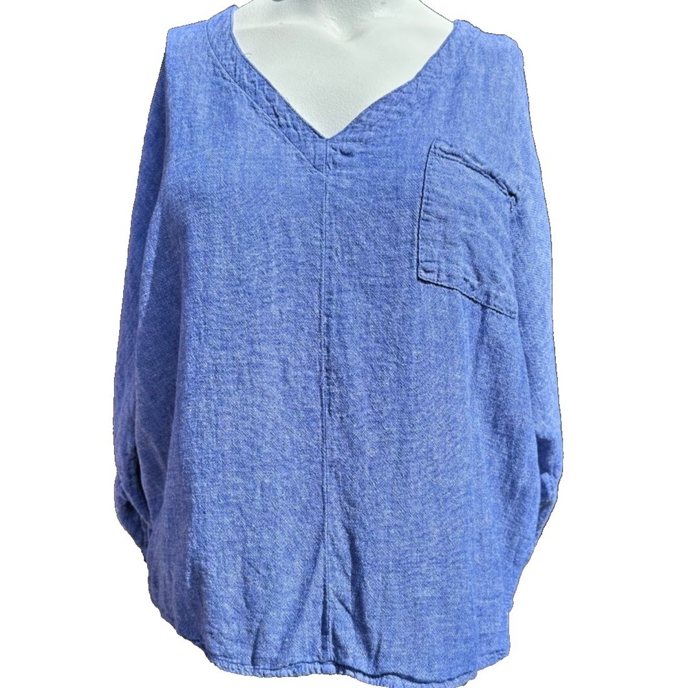 Womens L Blue Linen Blend Popover V Neck Roll Tab 3/4 Sleeve Boho Lagenlook Luxe
